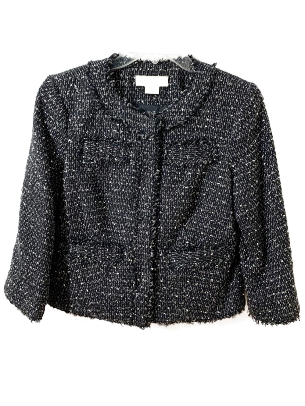 Michael Michael Kors Tweed Snap Front Raw Hemmed Jacket Rounded Neckline Pockets